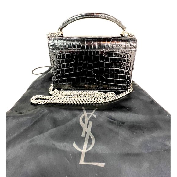 Saint Laurent Black Leather Sunset Wallet on a Chain Crocodile Embossed Bag - Picture 2 of 15